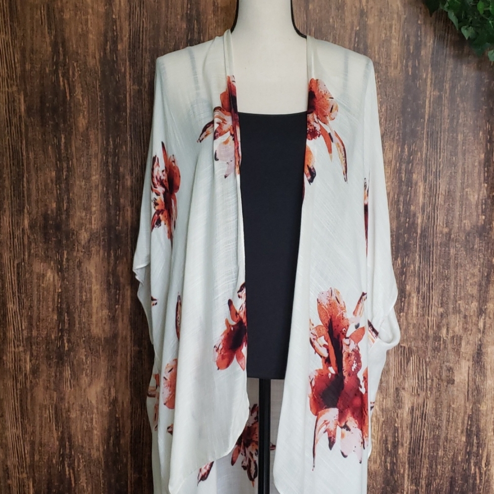 Ivory Long Kimono with Floral Print